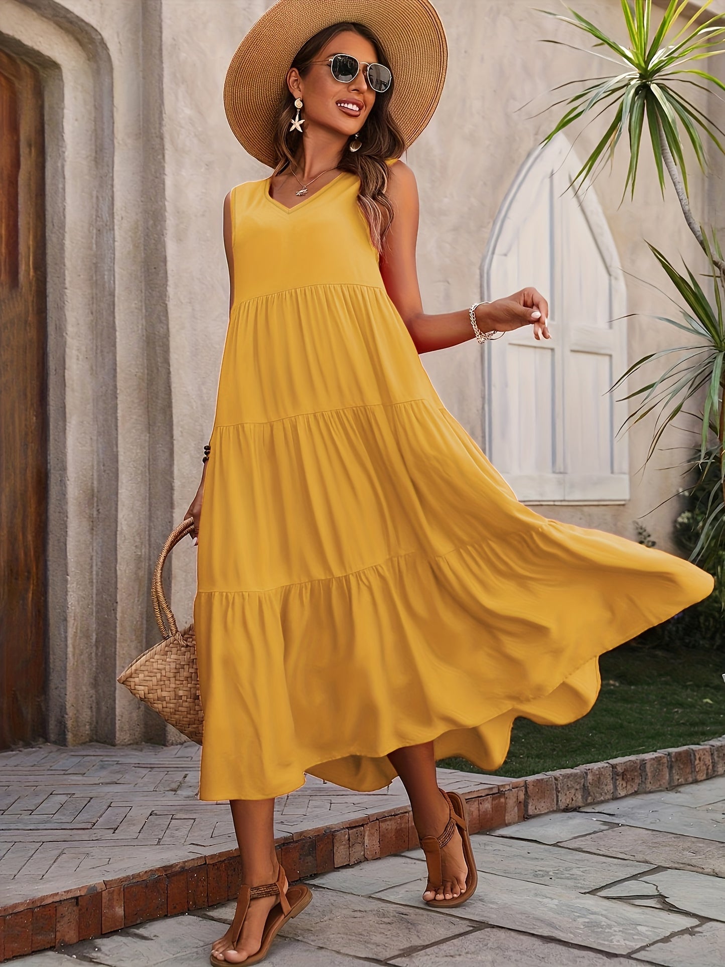 Loose V Neck Ruffle Hem Dress, Casual Sleeveless Dress For Spring & Summer, Women's Clothing