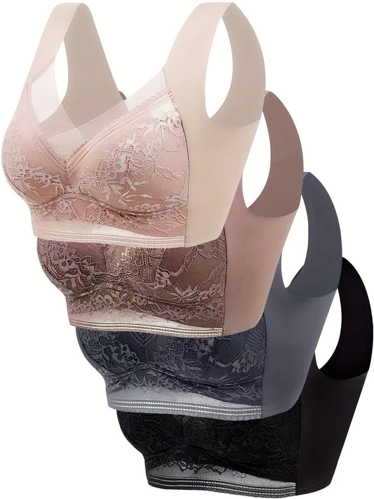 4pcs Seamless Lace Bra Set - Ultra-Soft & Breathable, Wireless Bras with Refined Contrast Lace Detail - Perfect for Everyday Wear, Womens lingerie