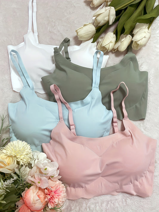 4pcs Seamless Solid Comfortable Bralettes, Adjustable Straps Wireless Intimates Bra for Women's Lingerie & Underwear