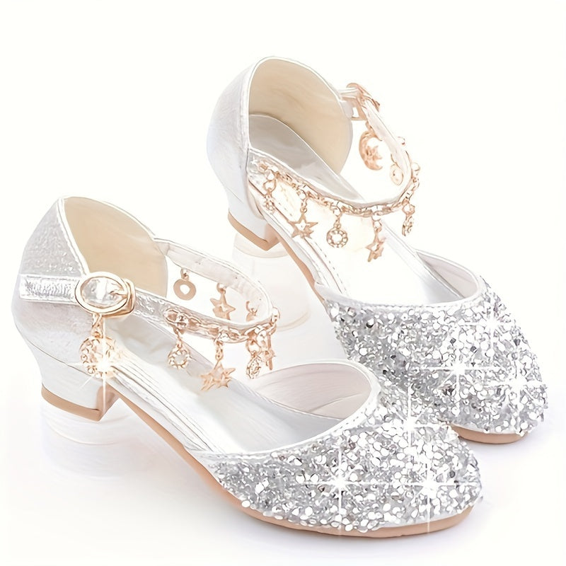 Sparkling Princess High Heels for Girls - Glittery Golden Sequin & Rhinestone Star Design, Elegant Ankle Suspender Dress Shoes for Weddings, Performances & Formal Events, Spring/Summer/Fall, Wedding Princess Shoes | Cute Fash