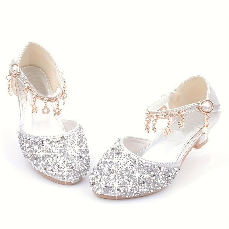 Sparkling Princess High Heels for Girls - Glittery Golden Sequin & Rhinestone Star Design, Elegant Ankle Suspender Dress Shoes for Weddings, Performances & Formal Events, Spring/Summer/Fall, Wedding Princess Shoes | Cute Fash