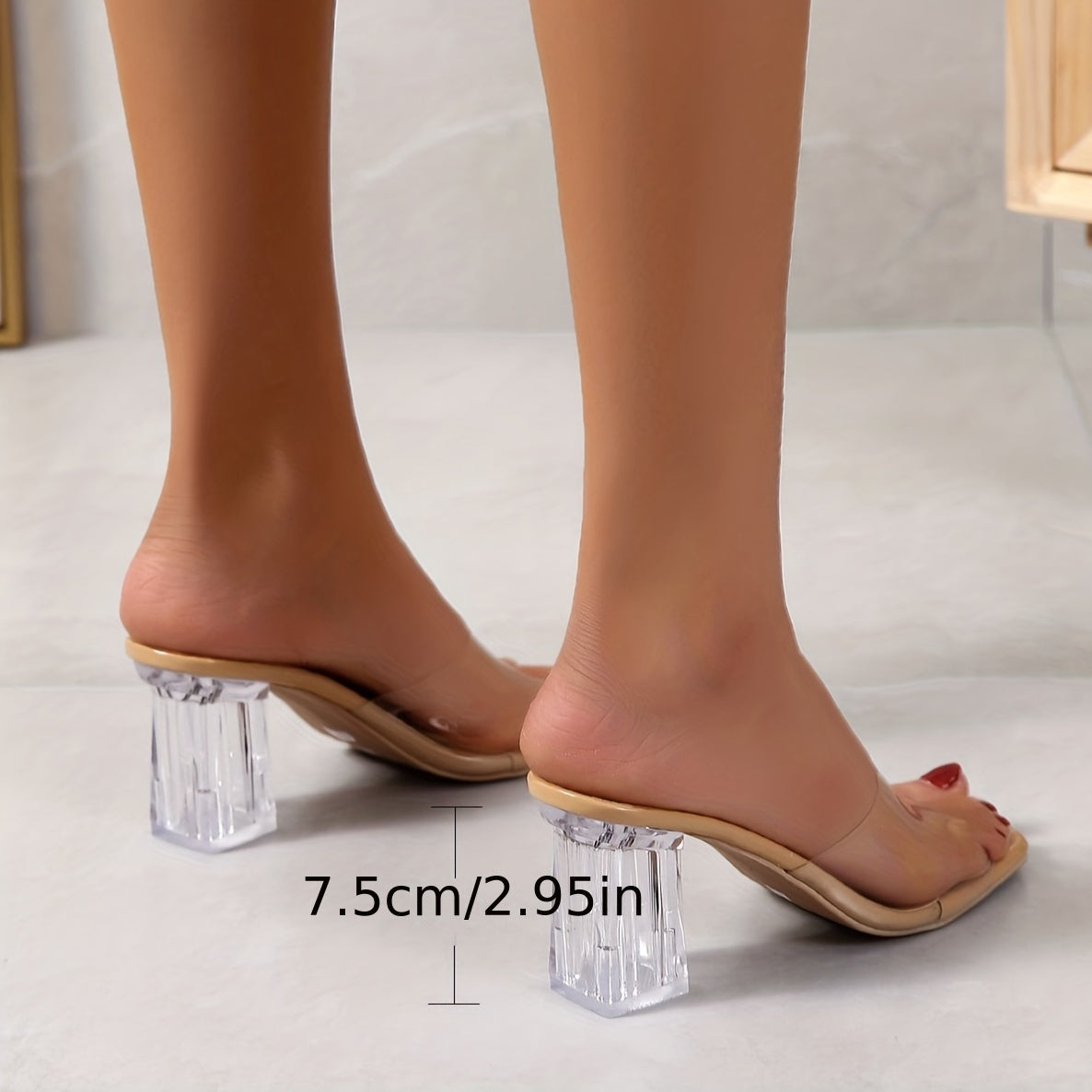 Women's Crystal Chunky Heel Sandals, Trendy Square Toe Transparent Strap Heels, Comfortable Pumps