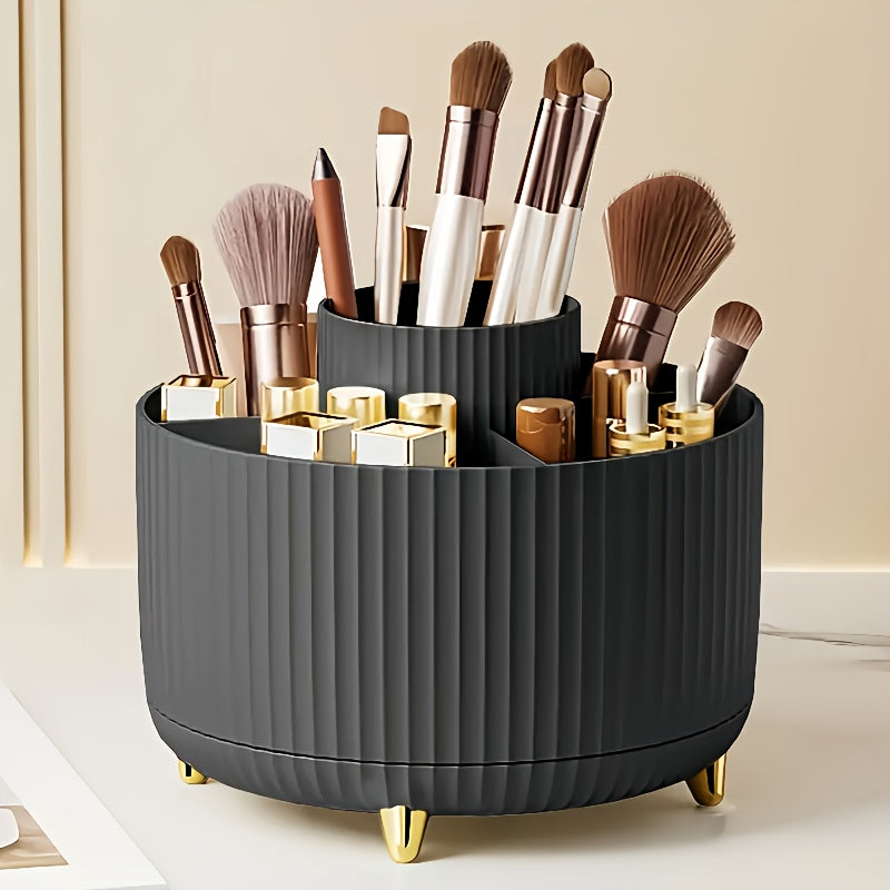Durable 360° Rotating Makeup Organizer - 1pc Plastic Multi-Functional Holder - 5 Compartments for Brushes, Lipsticks, Skin Care Products, and Stationery with Luxury Stripe Design