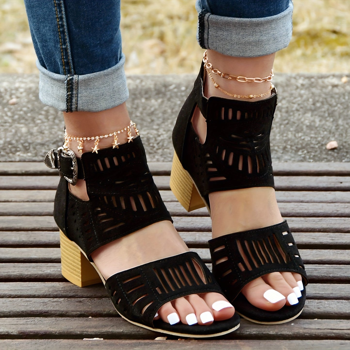 Women's Hollow Out High Heels, Fashion Peep Toe Buckle Strap Block Heels, Back Zipper Design Sandals