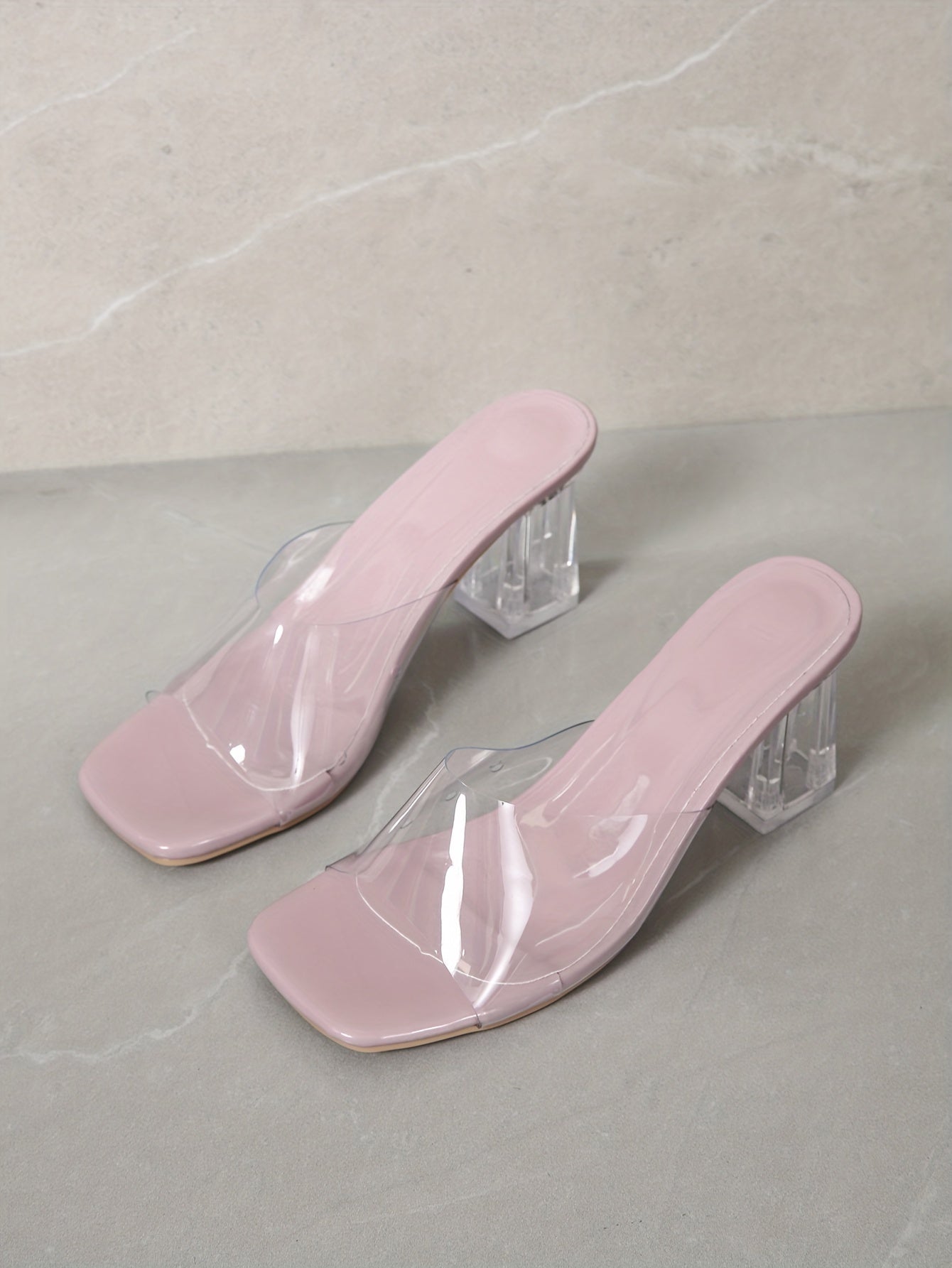 Women's Crystal Chunky Heel Sandals, Trendy Square Toe Transparent Strap Heels, Comfortable Pumps