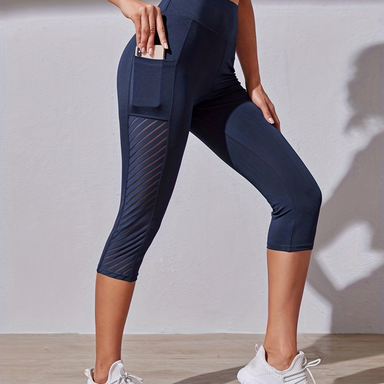Wide Waistband Tummy Control Hip Lifting Sports Capri Pants, High Waist Stitching Mesh Capri Leggings - Nylon & Spandex Blend - For Women - Perfect for Yoga, Running & Fitness - Ideal Gift for Active Women
