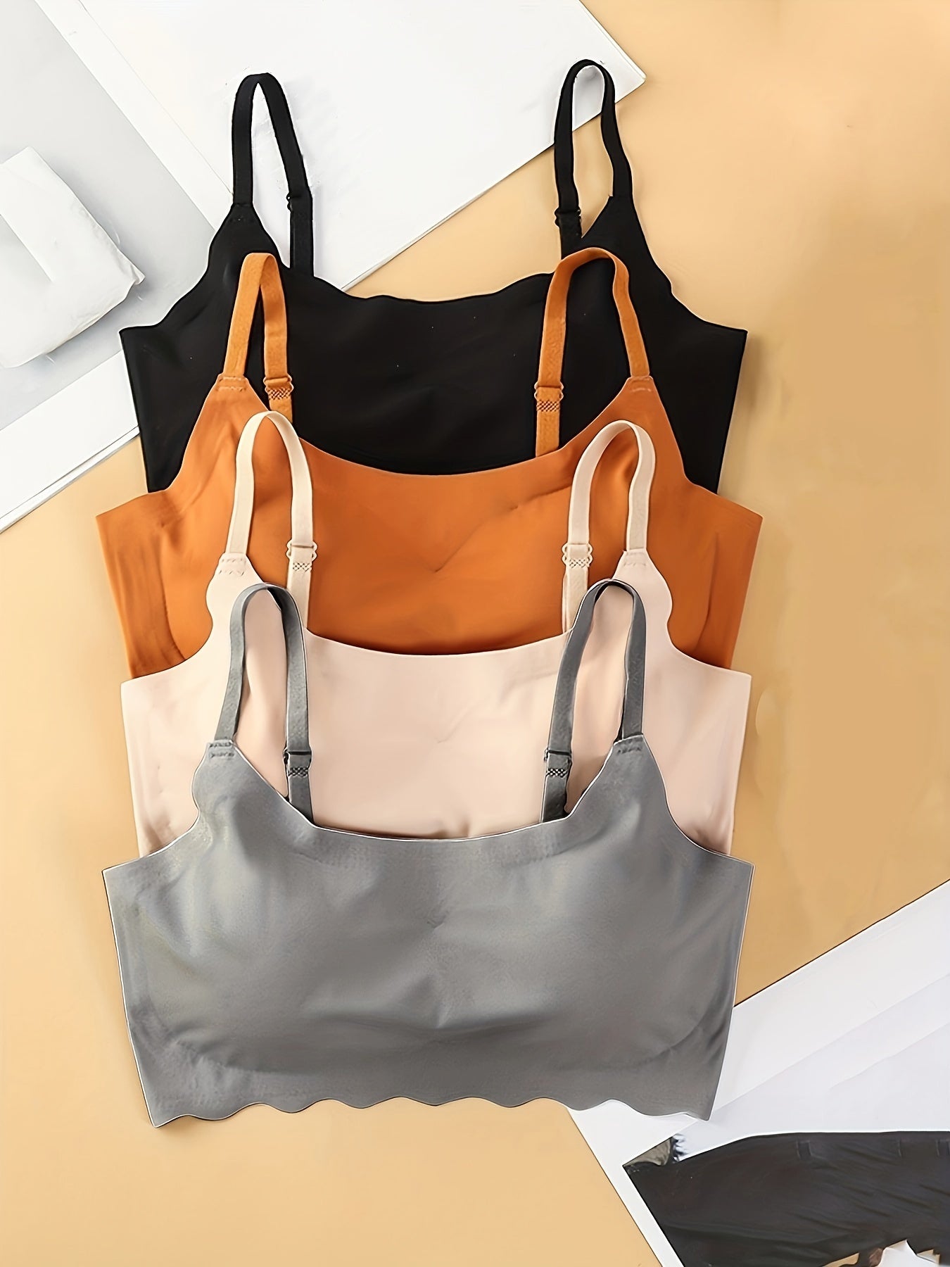 4pcs Seamless Solid Comfortable Bralettes, Adjustable Straps Wireless Intimates Bra for Women's Lingerie & Underwear