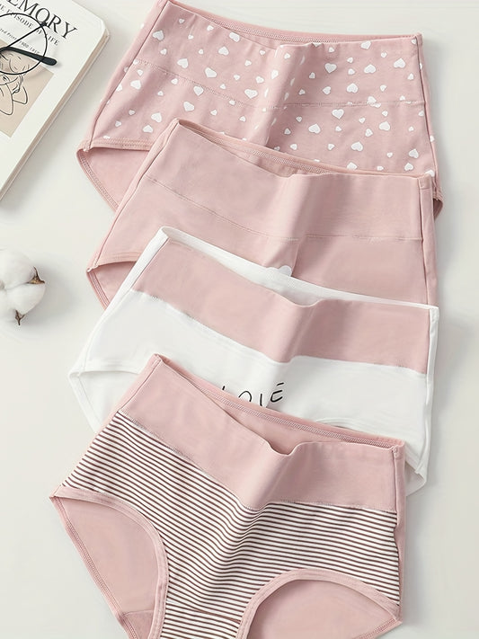 4pcs Cartoon Print Colorblock Briefs, Soft & Comfort High Waist Intimates Panties, Women's Lingerie & Underwear