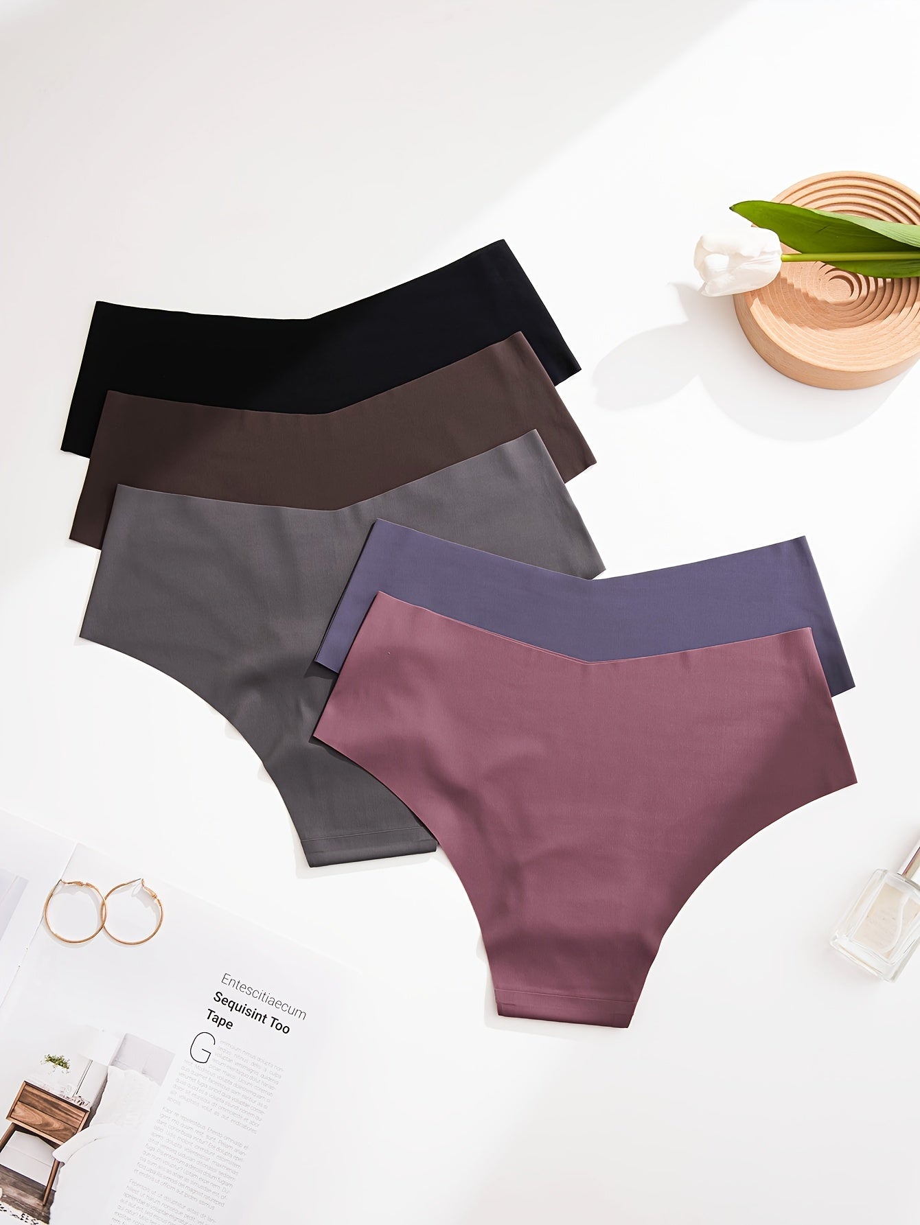 5pcs Women's Seamless Mid-Rise Hipster Panties - Comfortable, Breathable Nylon Blend, Assorted Colors (Brown, Purple, Dark Brown, Light Brown, Beige) | Smooth Finish, Minimalist