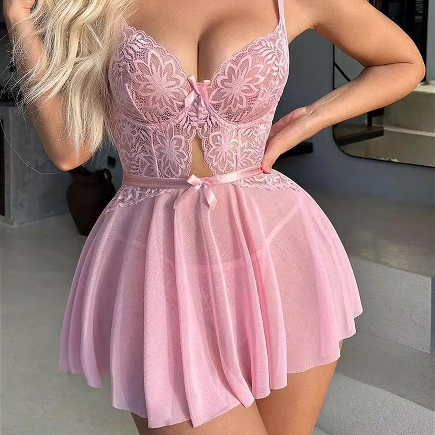 Women Lingerie Chemise Nightdress Lace See-Through Sleeveless Cami Dress Nightgown Sleepwear Slips Nightie with Thong