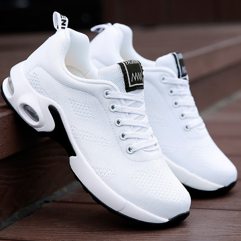 Women's White Breathable Sneakers - Low-Top Casual Sports Shoes with Air Cushion Sole, Shock-Absorbing Platform for Running