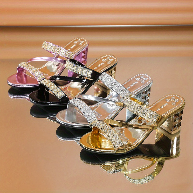 Women's Rhinestone-Embellished Golden Open-Toe Sandals - Stylish Faux Cover Mid-Block Heels with Studded Sole for Summer Comfort and Glamour