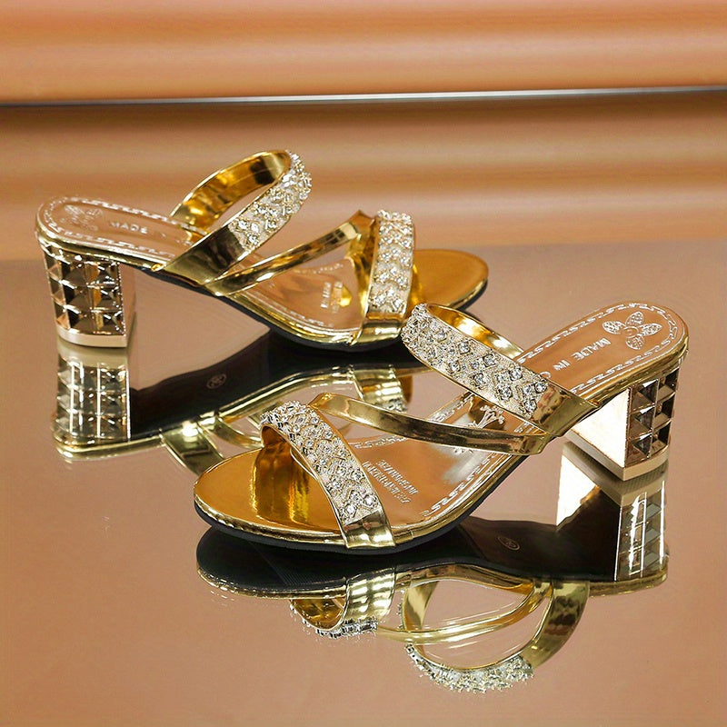 Women's Rhinestone-Embellished Golden Open-Toe Sandals - Stylish Faux Cover Mid-Block Heels with Studded Sole for Summer Comfort and Glamour