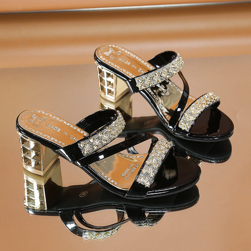 Women's Rhinestone-Embellished Golden Open-Toe Sandals - Stylish Faux Cover Mid-Block Heels with Studded Sole for Summer Comfort and Glamour