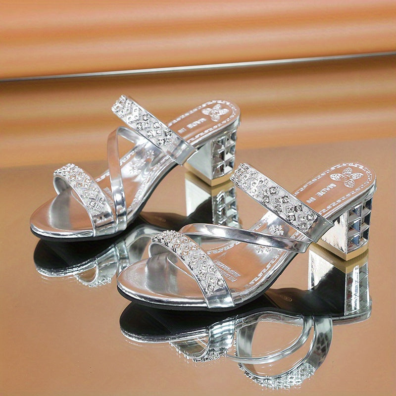 Women's Rhinestone-Embellished Golden Open-Toe Sandals - Stylish Faux Cover Mid-Block Heels with Studded Sole for Summer Comfort and Glamour