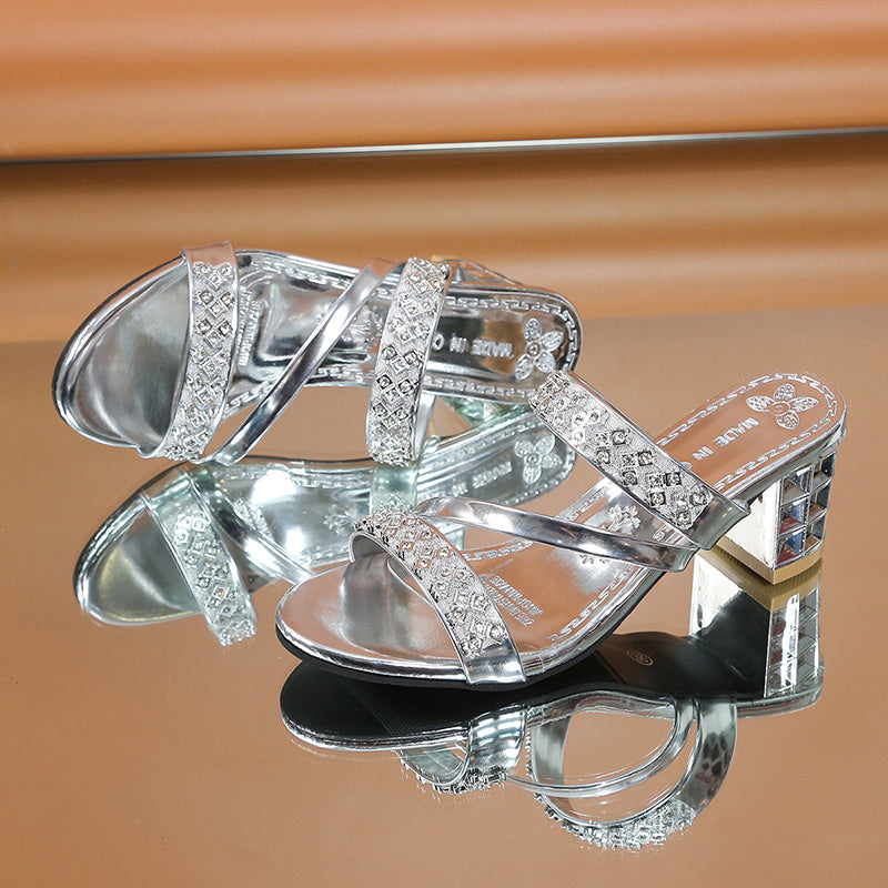 Women's Rhinestone-Embellished Golden Open-Toe Sandals - Stylish Faux Cover Mid-Block Heels with Studded Sole for Summer Comfort and Glamour