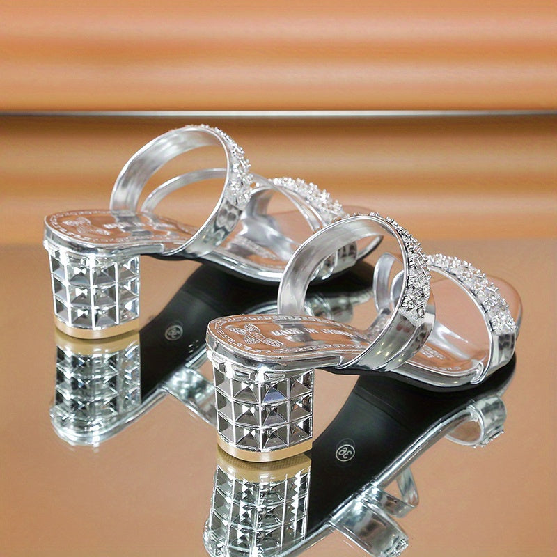 Women's Rhinestone-Embellished Golden Open-Toe Sandals - Stylish Faux Cover Mid-Block Heels with Studded Sole for Summer Comfort and Glamour