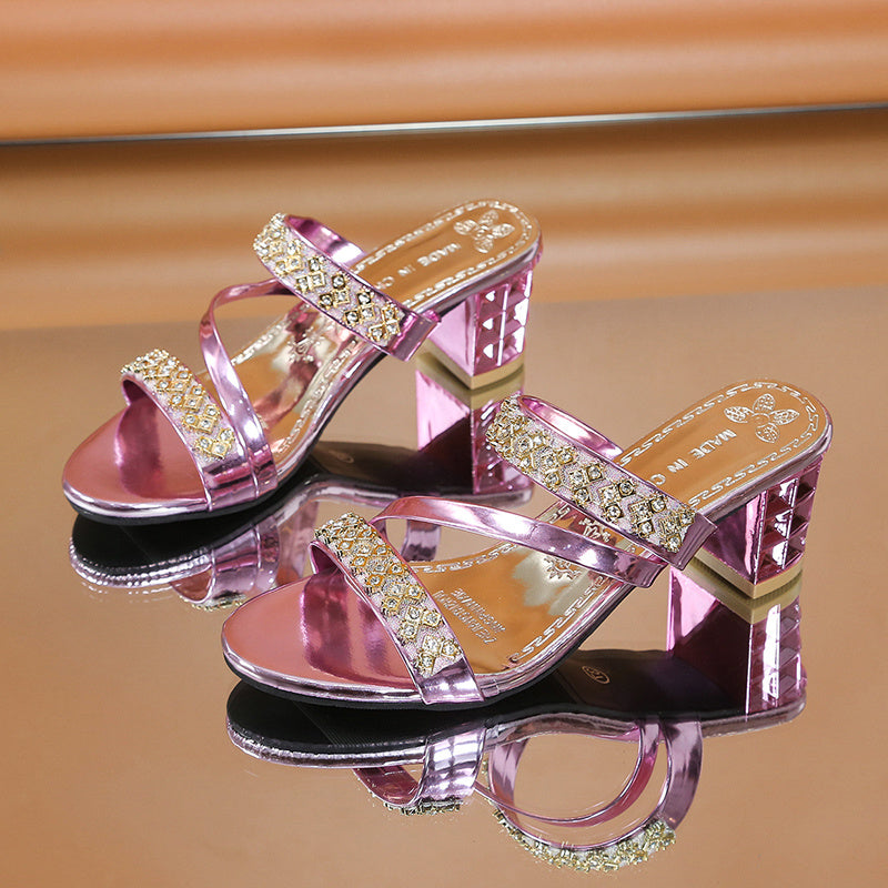 Women's Rhinestone-Embellished Golden Open-Toe Sandals - Stylish Faux Cover Mid-Block Heels with Studded Sole for Summer Comfort and Glamour