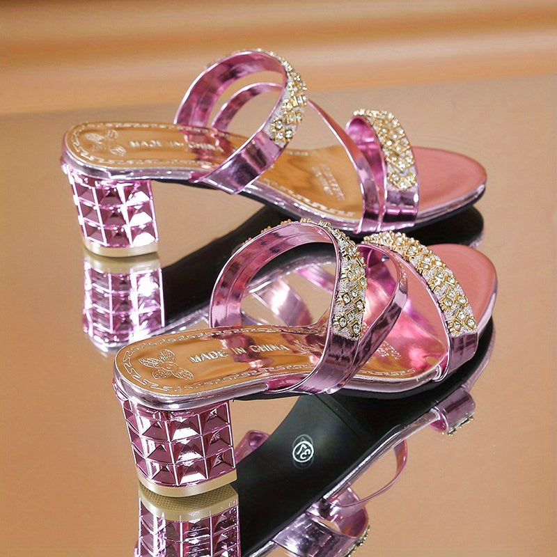 Women's Rhinestone-Embellished Golden Open-Toe Sandals - Stylish Faux Cover Mid-Block Heels with Studded Sole for Summer Comfort and Glamour