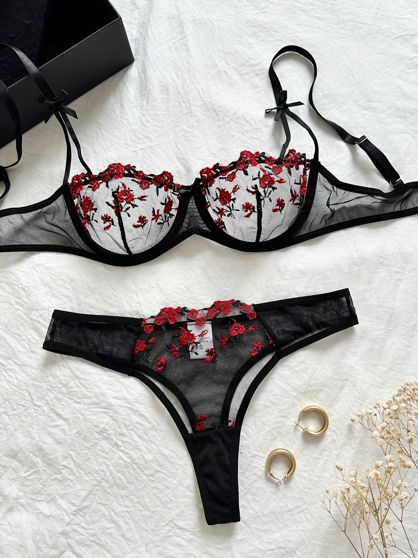 Sexy Floral Embroidery Lingerie Set - Women's Mesh Unlined Bra and Panty, Delicate Underwear for Romantic Nights - Soft, Breathable, and Comfortable