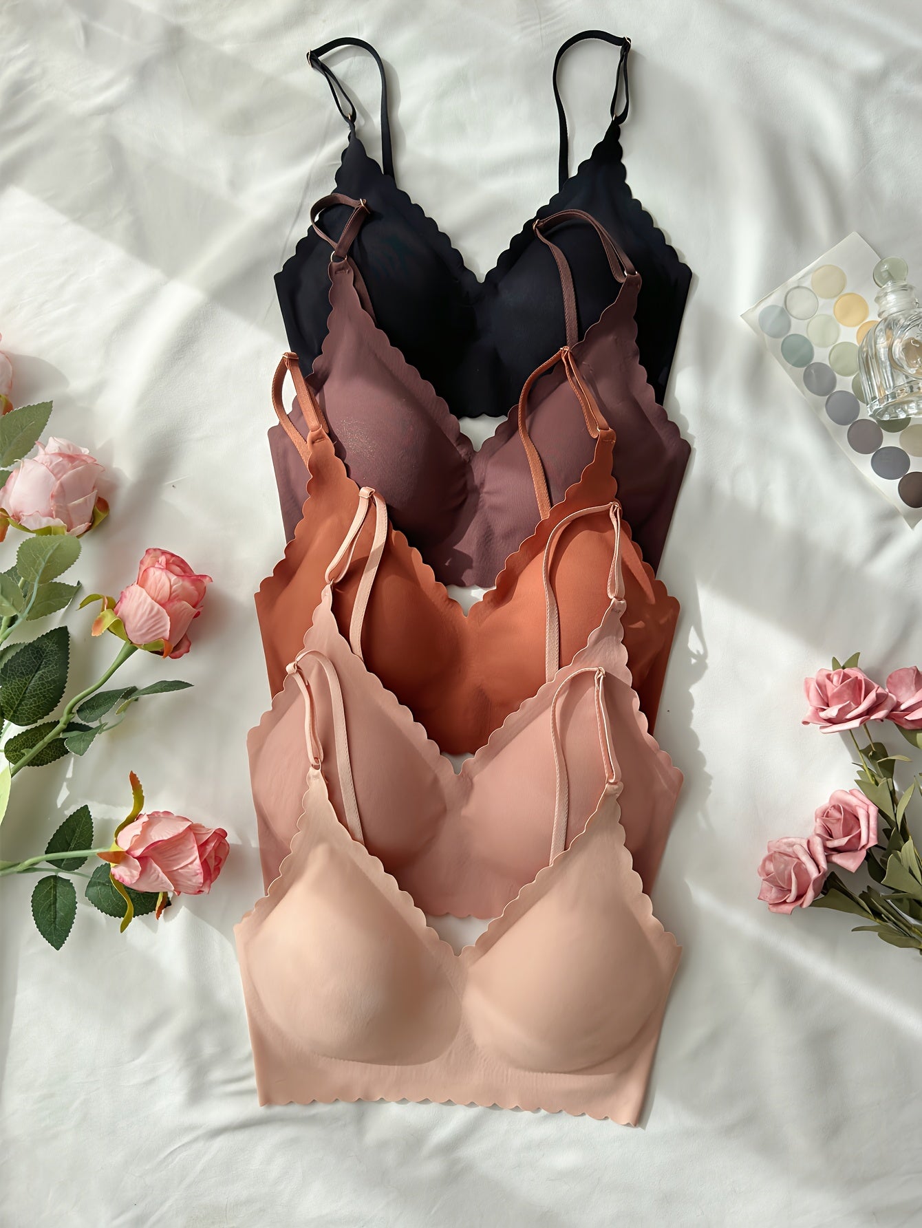 5 Pcs Elegant Solid Bras, Scallop Trim Adjustable Strap Seamless T-shirt Bra, Women's Lingerie & Underwear