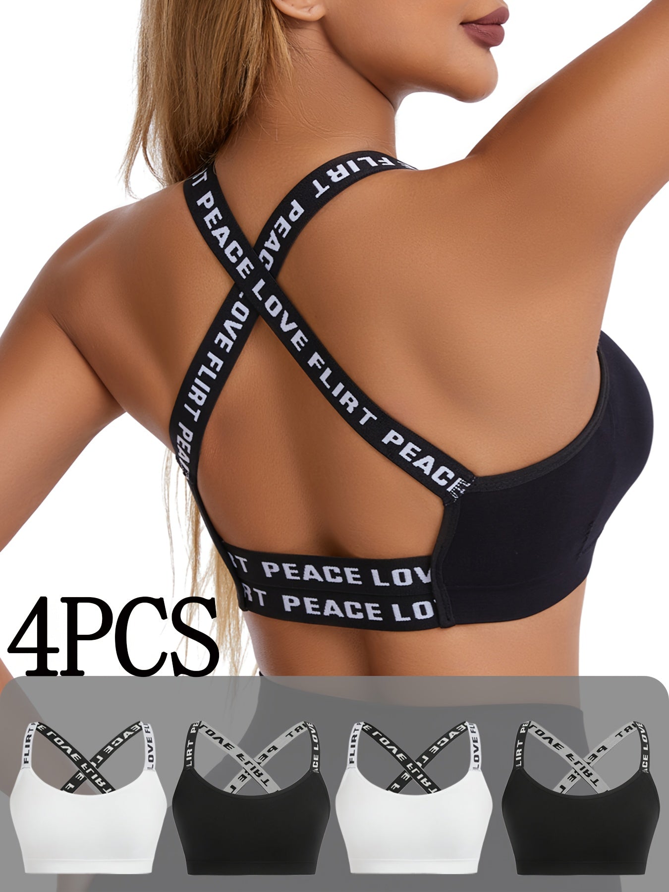 Comfortable And Breathable Set of 4 Lettered Sports Bras, Sleeveless Round Neck Activewear - Shockproof Running And Yoga Sports Underwear, Padded Wireless Women's Lingerie And Multi-Pack Sports Bras