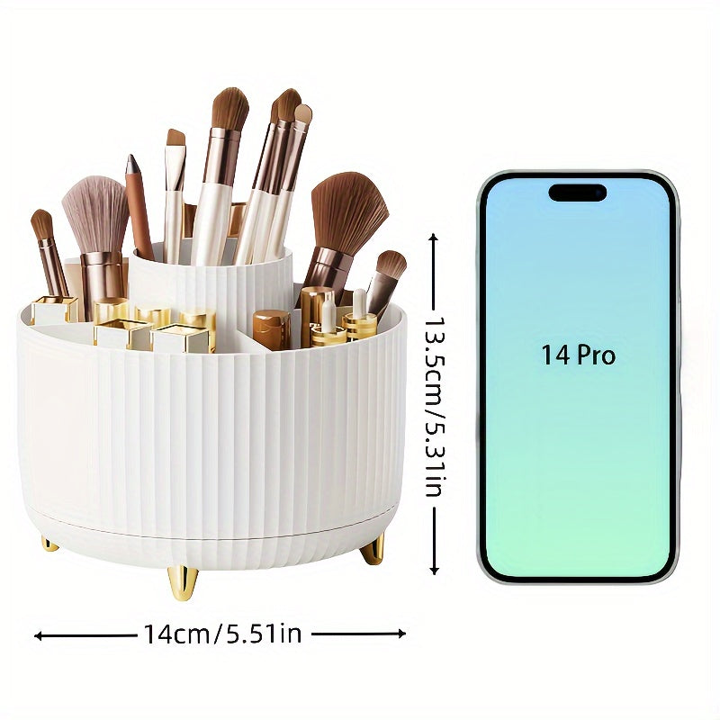 Durable 360° Rotating Makeup Organizer - 1pc Plastic Multi-Functional Holder - 5 Compartments for Brushes, Lipsticks, Skin Care Products, and Stationery with Luxury Stripe Design