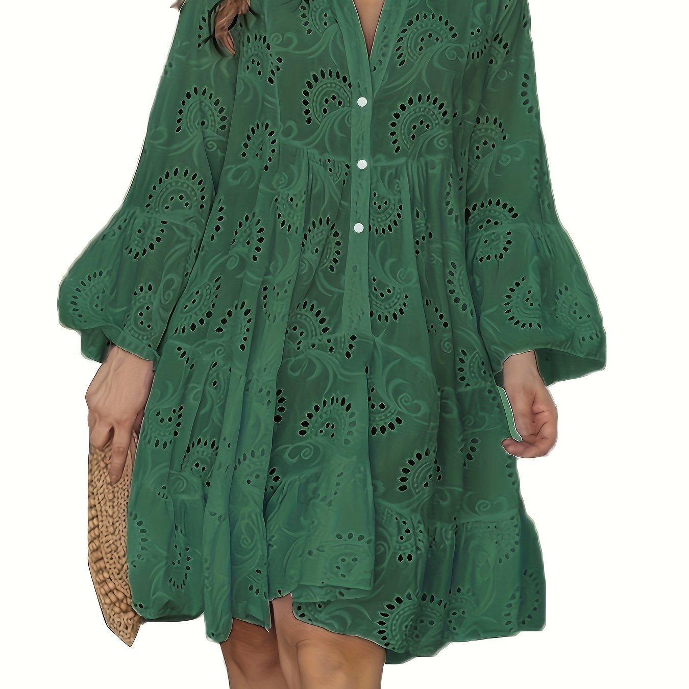 Elegant Green V-Neck Shift Dress with Embroidered Bell Sleeves - Lightweight, Loose Fit, Knee-Length with Button Closure and Eyelet Details, Perfect for All Seasons