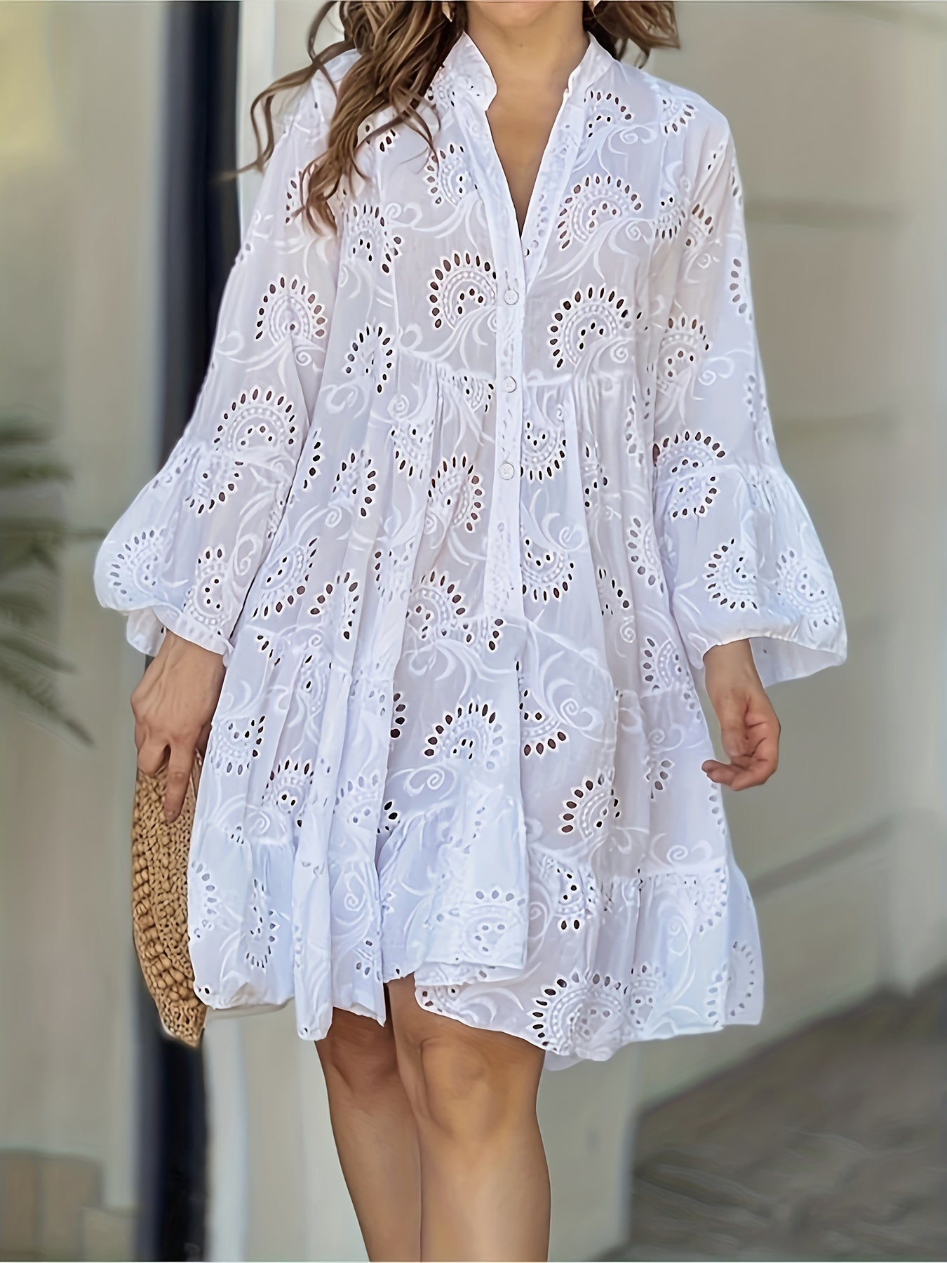 Elegant Green V-Neck Shift Dress with Embroidered Bell Sleeves - Lightweight, Loose Fit, Knee-Length with Button Closure and Eyelet Details, Perfect for All Seasons