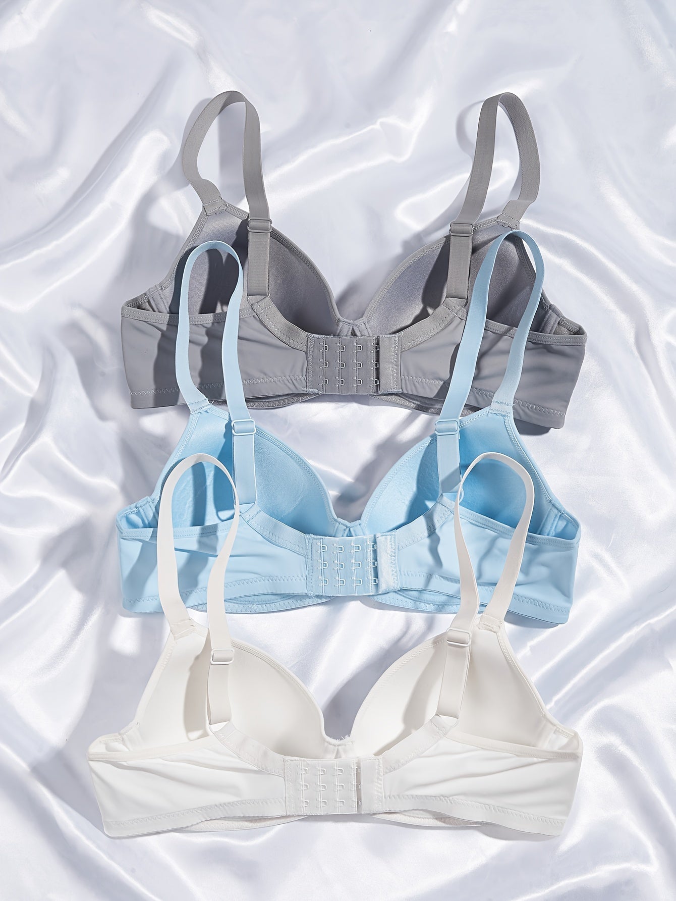 3pcs Simple Solid T-Shirt Bras, Comfy & Breathable Push Up Bra, Women's Lingerie & Underwear