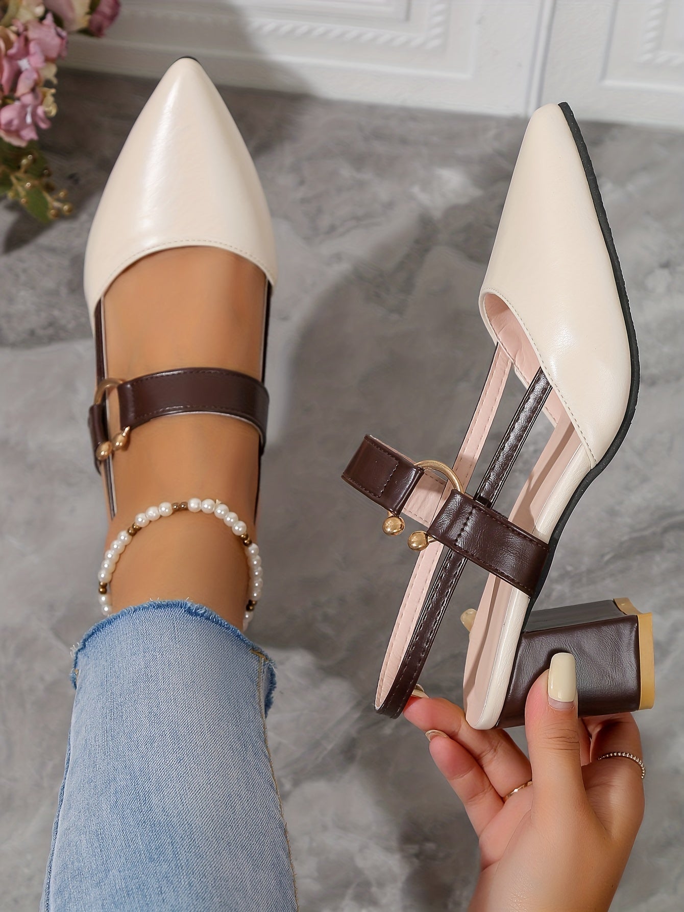 Women's Pointed Toe Block High Heel Sandals, Fashion Solid Color Slingback Shoes, Versatile Mid Heels