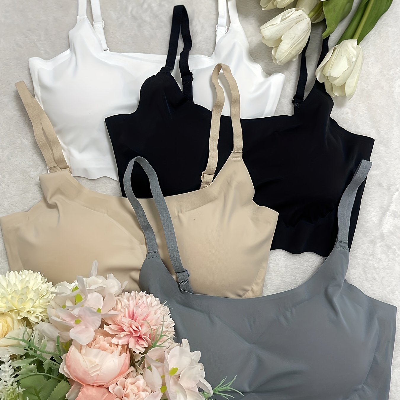 4pcs Seamless Solid Comfortable Bralettes, Adjustable Straps Wireless Intimates Bra for Women's Lingerie & Underwear