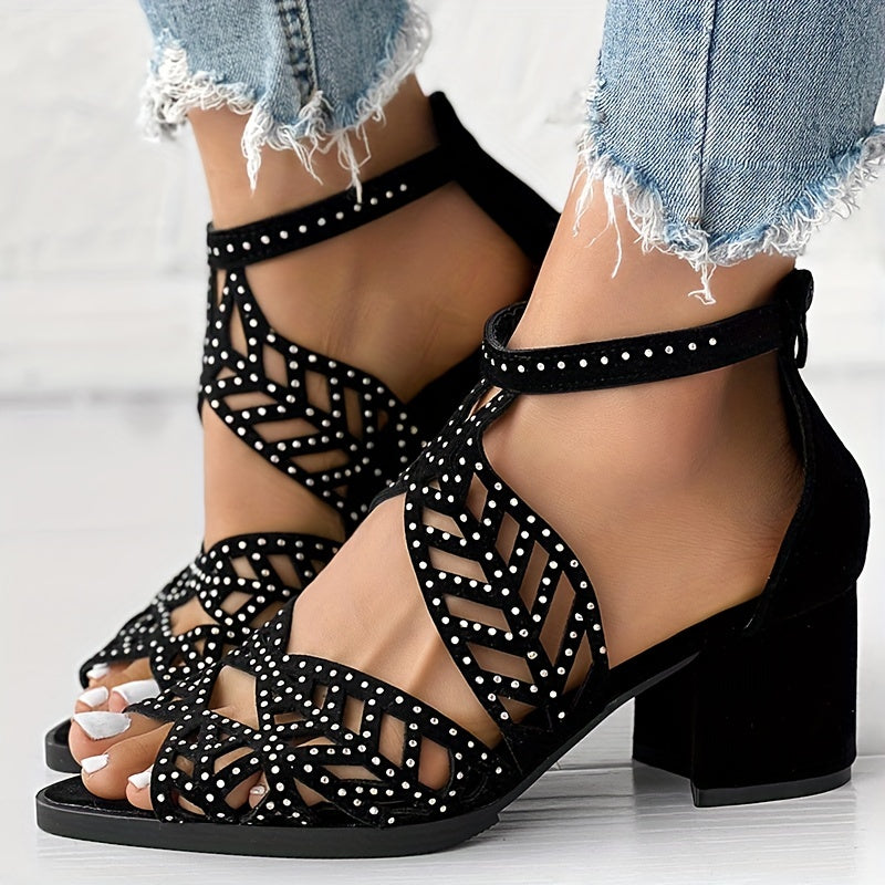 Womens Boho Chic Sandals - Stylish Hollow Out Block Heels with Peep Toe & Back Zipper - Low Heel, Breathable & Easy-On Design for Fashionable Evening or Casual Wear