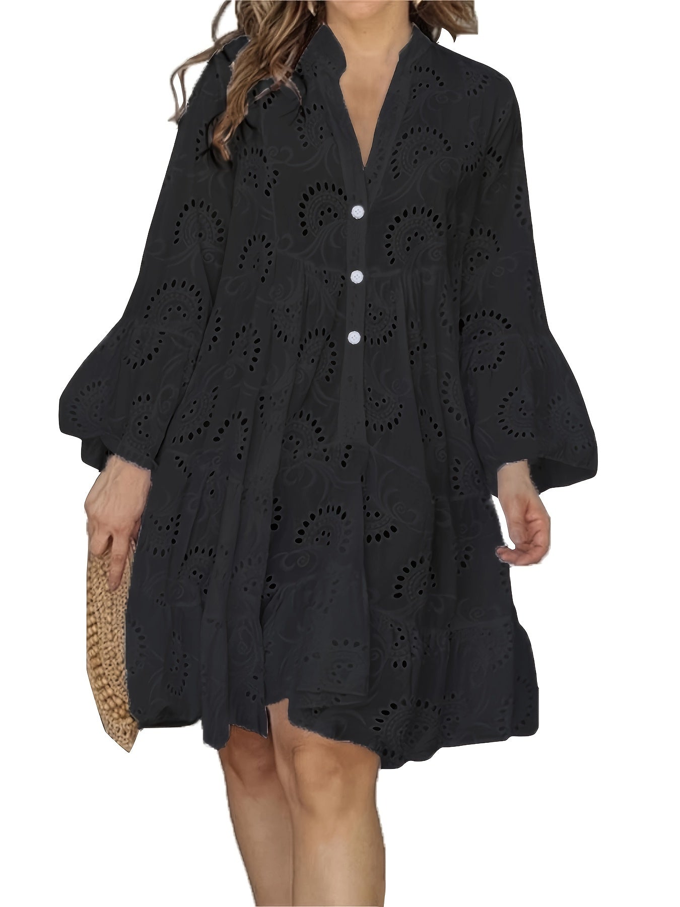 Elegant Green V-Neck Shift Dress with Embroidered Bell Sleeves - Lightweight, Loose Fit, Knee-Length with Button Closure and Eyelet Details, Perfect for All Seasons