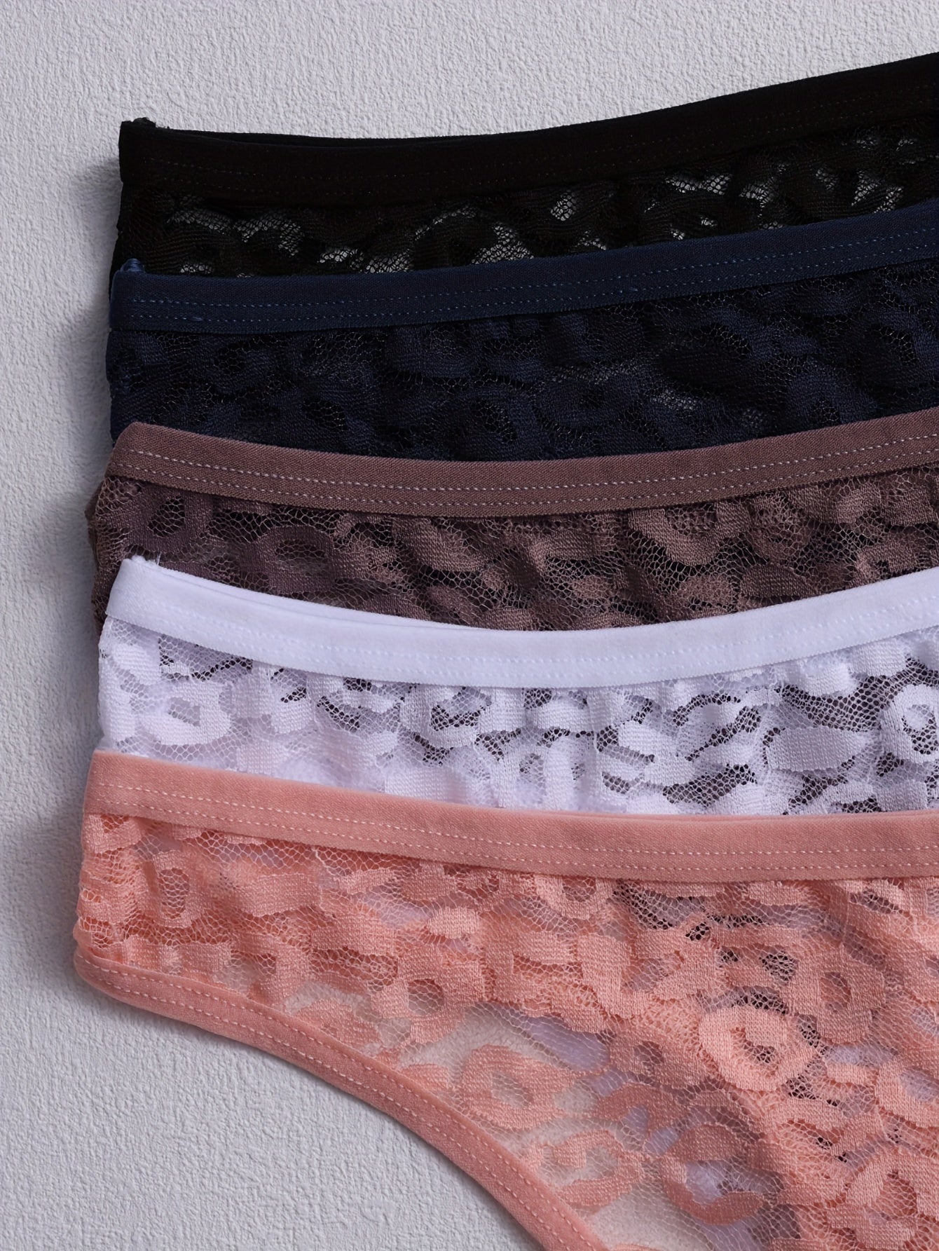 5pcs Solid Floral Lace Semi Sheer Thongs, Sexy Comfy Breathable Stretchy Intimates Panties, Women's Lingerie & Underwear