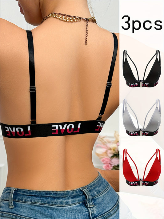 3pcs Elegant Front Closure Women's Push-Up Bras - High Support, Comfort Fit, Polyester & Elastane Blend, Machine Washable, Available in Black, White, Red with Love Detail
