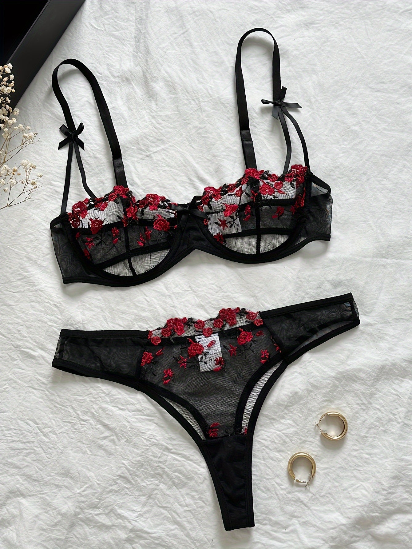 Sexy Floral Embroidery Lingerie Set - Women's Mesh Unlined Bra and Panty, Delicate Underwear for Romantic Nights - Soft, Breathable, and Comfortable