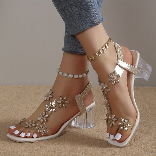 Elegant Summer 2023 Women's Floral Embellished Block Heel Sandals - Open Toe, Ankle Strap, Clear Chunky Heels with Pearl Accents, Casual High Heels in Solid Color