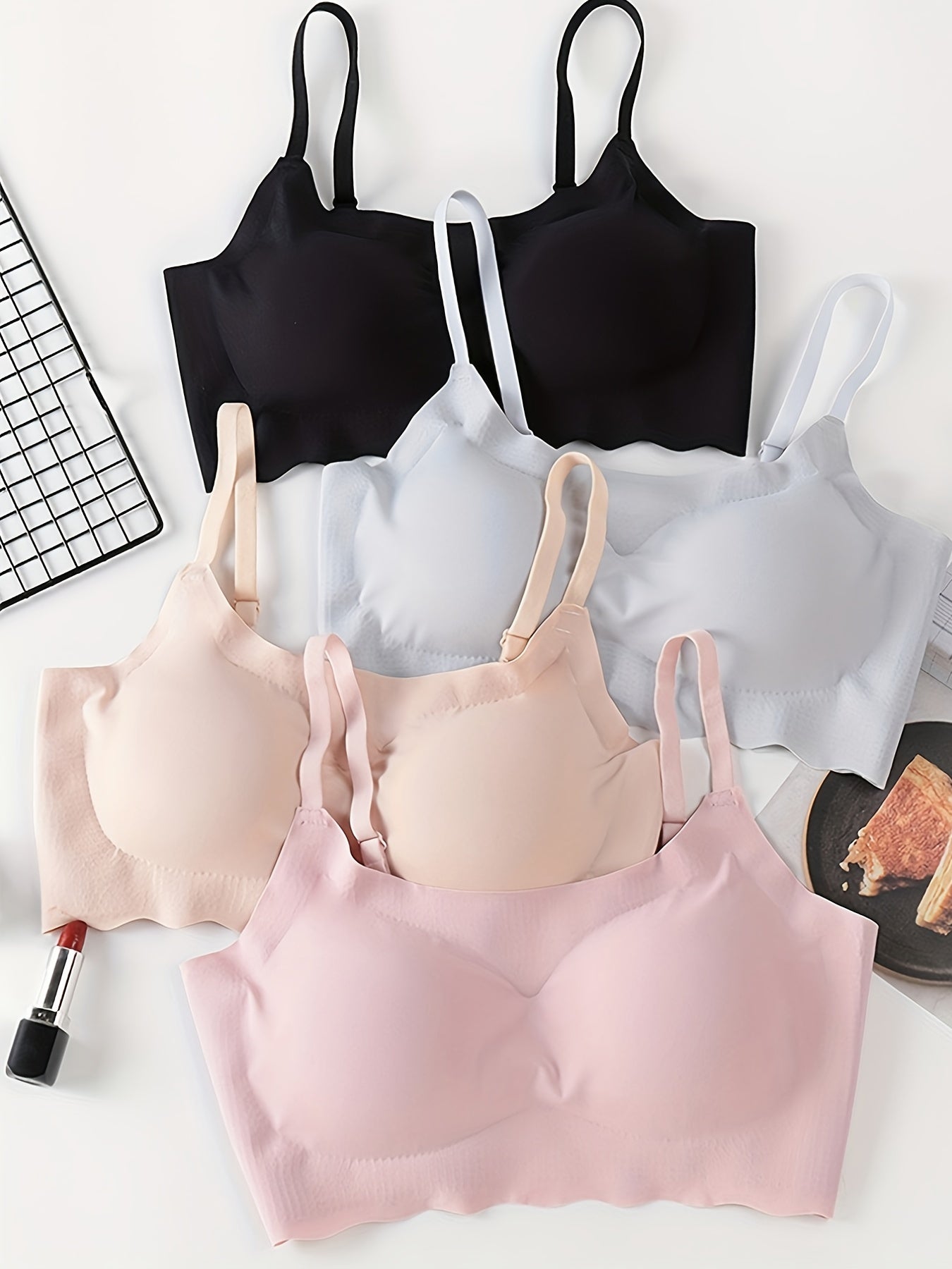 4pcs Seamless Solid Comfortable Bralettes, Adjustable Straps Wireless Intimates Bra for Women's Lingerie & Underwear