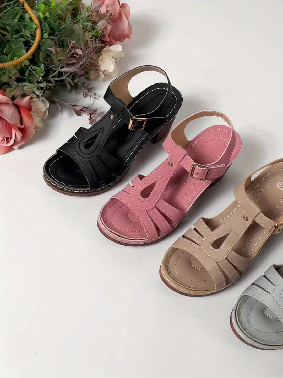 Summer High Heels Women's One-Strap Solid Color Stylish Sandals, Casual Non-Slip Chunky T-Strap
