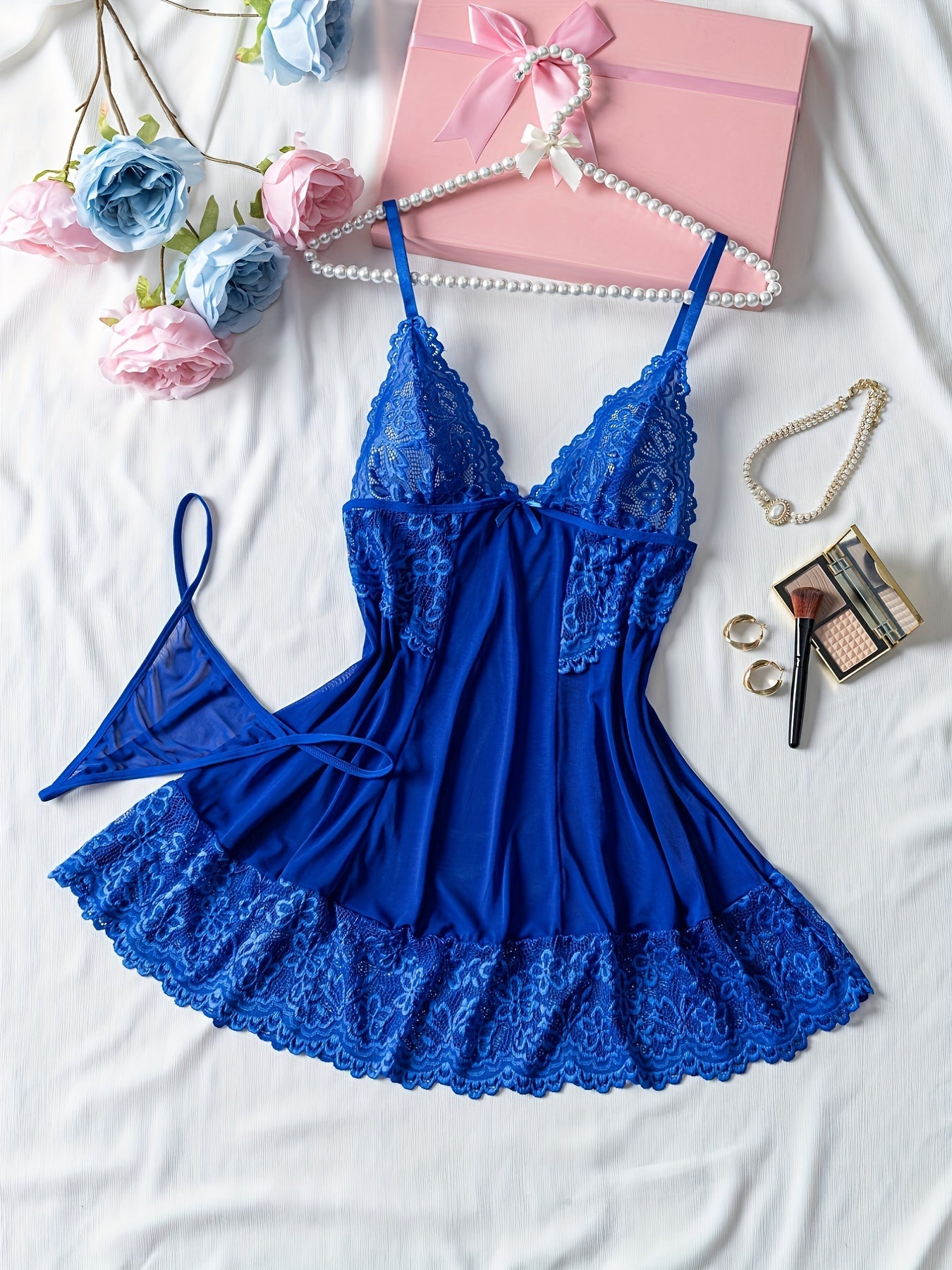 Elegant Royal Blue Lace Babydoll V-Neck Backless Chemise with Thong Set for Women, Polyester Sleepwear with Contrast Lace Detail, Light Support Knit Fabric Lingerie Ensemble