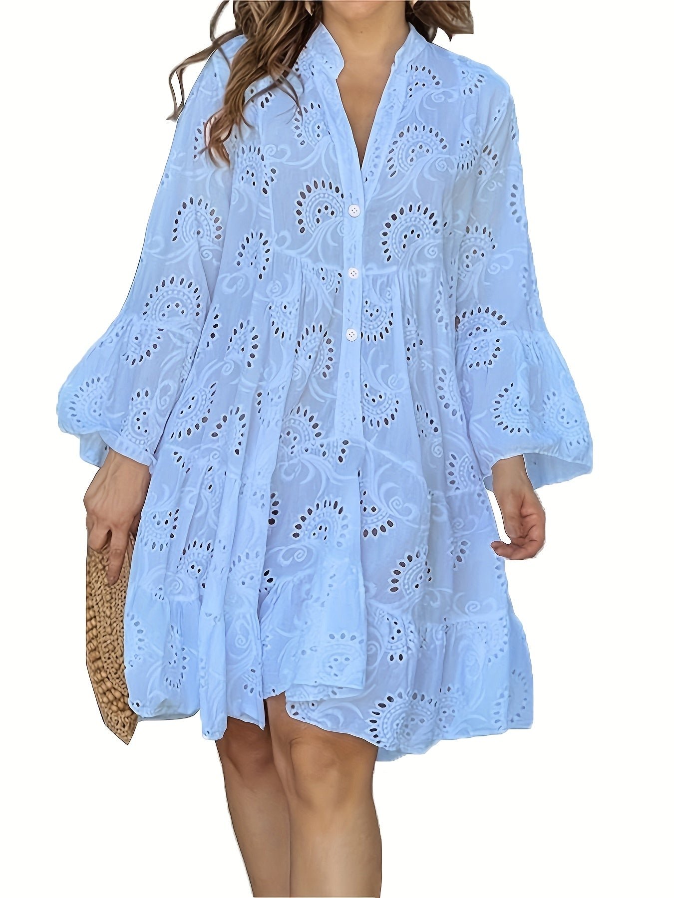 Elegant Green V-Neck Shift Dress with Embroidered Bell Sleeves - Lightweight, Loose Fit, Knee-Length with Button Closure and Eyelet Details, Perfect for All Seasons