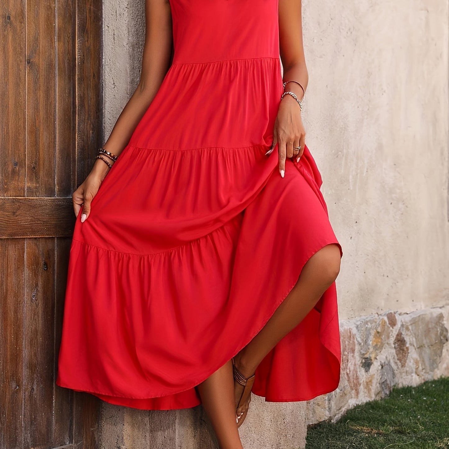 Loose V Neck Ruffle Hem Dress, Casual Sleeveless Dress For Spring & Summer, Women's Clothing
