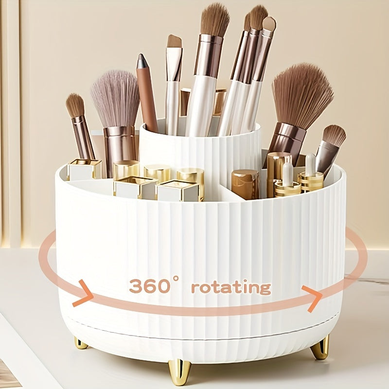 Durable 360° Rotating Makeup Organizer - 1pc Plastic Multi-Functional Holder - 5 Compartments for Brushes, Lipsticks, Skin Care Products, and Stationery with Luxury Stripe Design