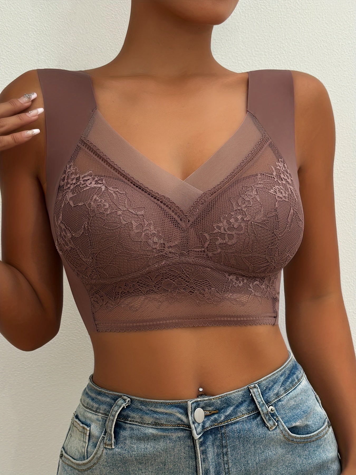 3pcs Comfy Contrast Lace Wireless Bras, Push Up & Breathable Women's Lingerie & Underwear