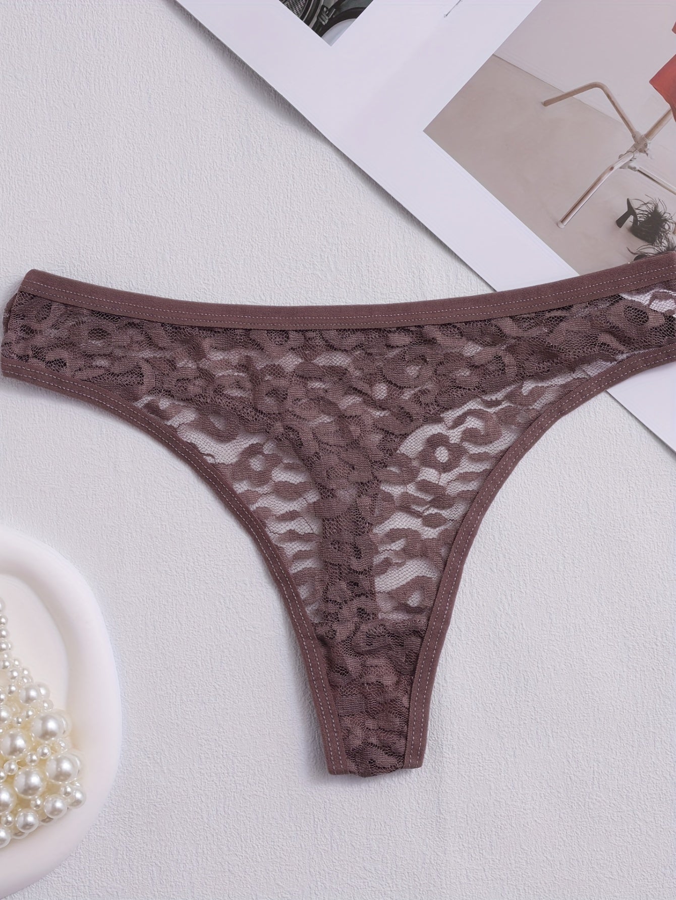 5pcs Solid Floral Lace Semi Sheer Thongs, Sexy Comfy Breathable Stretchy Intimates Panties, Women's Lingerie & Underwear