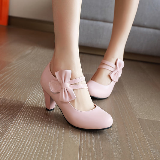 Round Toe Pumps Kitten Heels, Bowknot Ankle Straps PU Leather Fashion Dance Work Dress Chunky Shoes, Women's Footwear