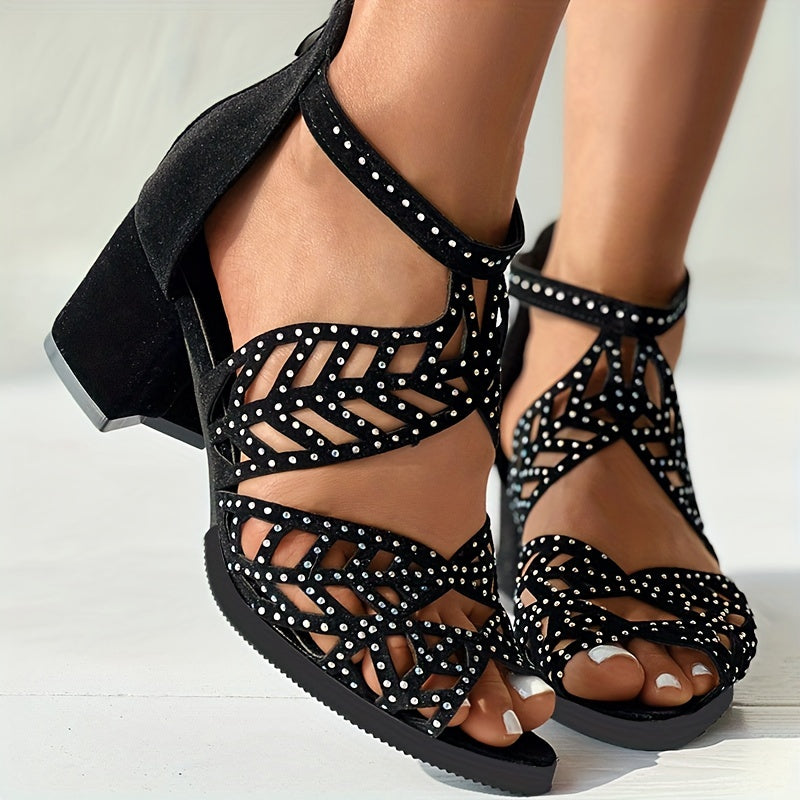 Womens Boho Chic Sandals - Stylish Hollow Out Block Heels with Peep Toe & Back Zipper - Low Heel, Breathable & Easy-On Design for Fashionable Evening or Casual Wear