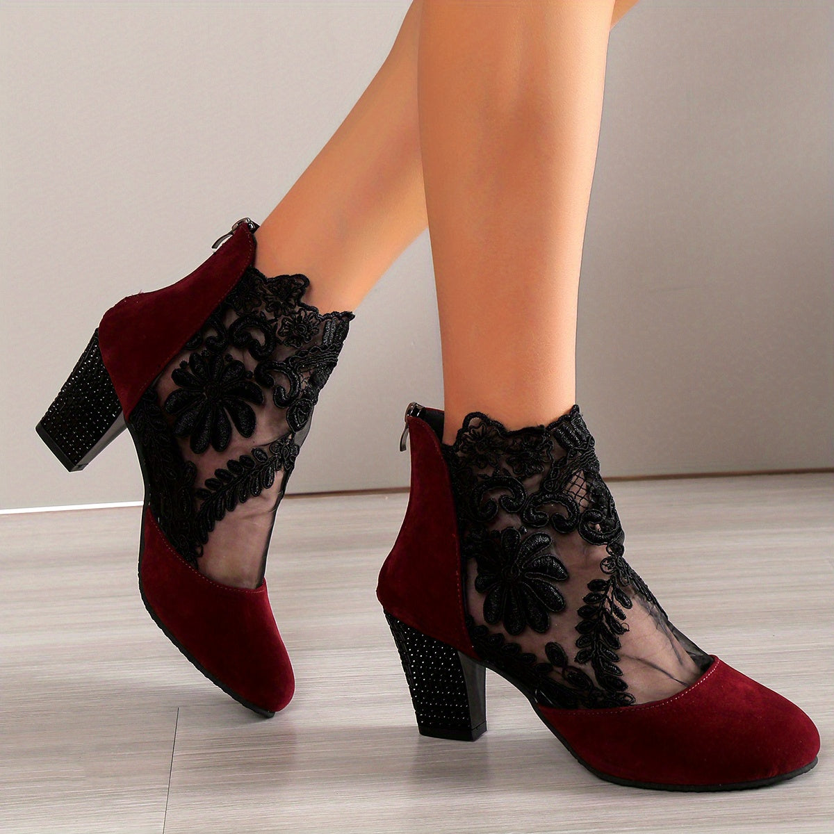 Women's Mesh Block Heel Boots, Fashion Floral Embroidered Back Zipper Heels, Versatile Dress Ankle Boots