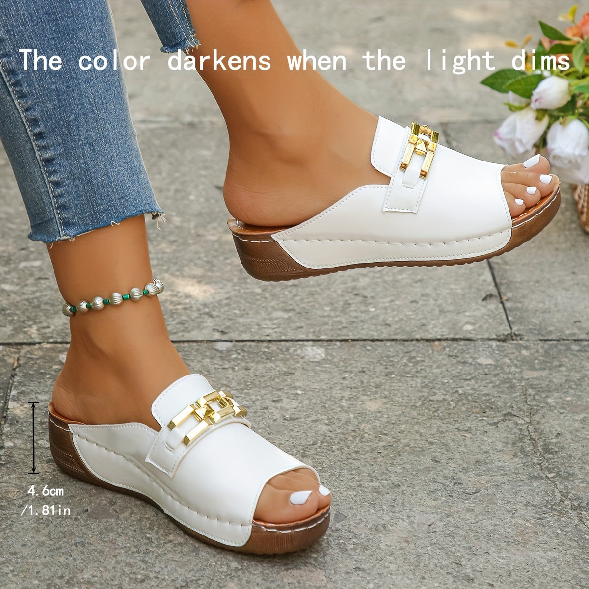 Fashionable White Golden Square Chain One-word Sandals For Women In Large Sizes 36-45, New Summer Outer Wear Thick-soled High-heeled Shoes With Anti-skid Slope Heels And Cool Slippers For Ladies